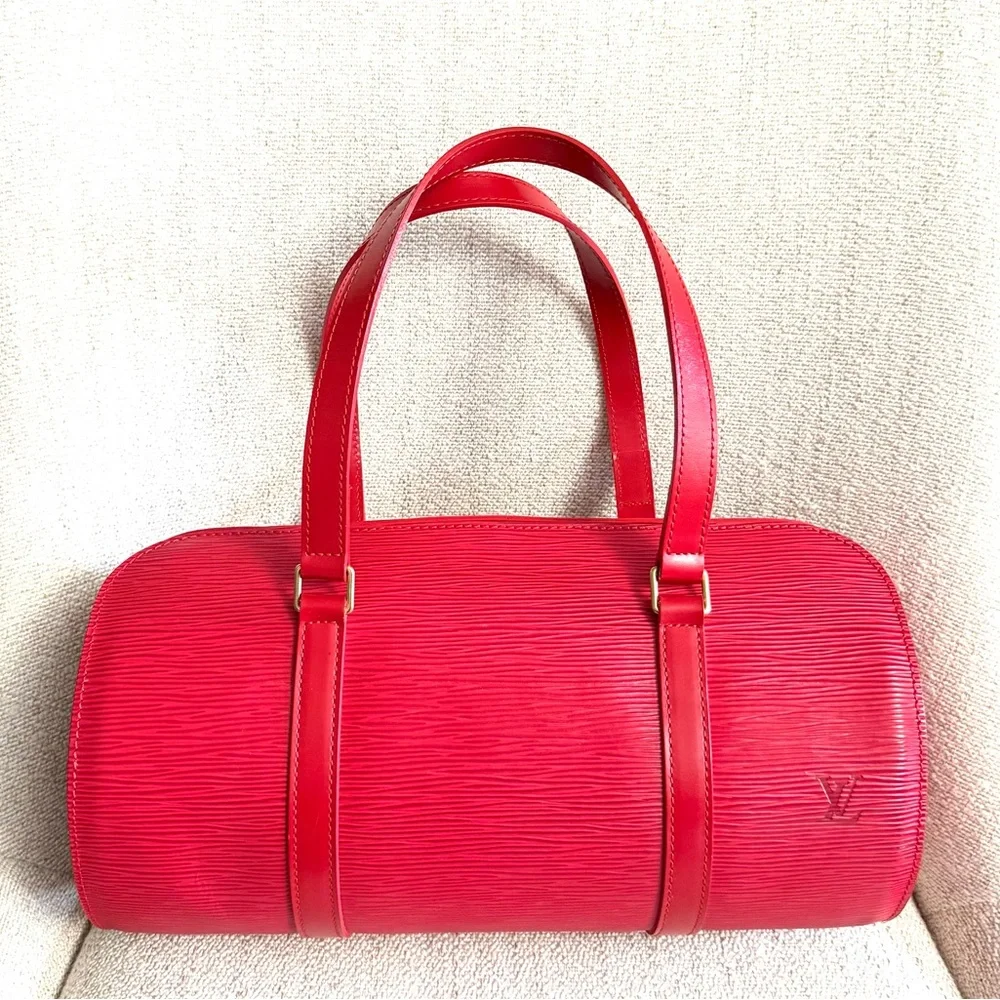 Authentic Louis Vuitton Soufflot bag M52227 red Epi leather with mini pouch